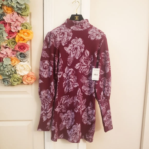FREE PEOPLE Dress Long Sleeve Mini Sweater Wool Mock Neck Floral Boho Wine XS - Picture 3 of 10